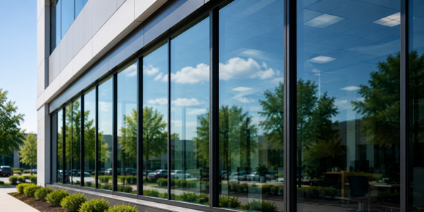 Commercial building with large windows reinforced by protective window film.