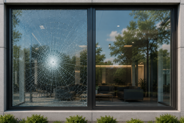 Comparison of security glass and traditional glass reinforced with security film on a commercial building after impact.