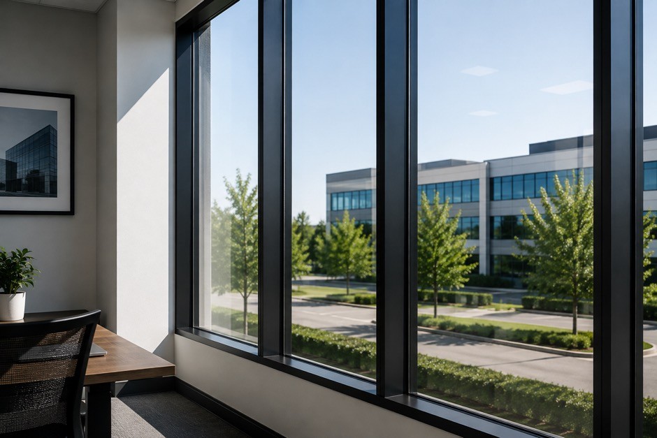 Office windows with commercial security protective window film for added glass protection.