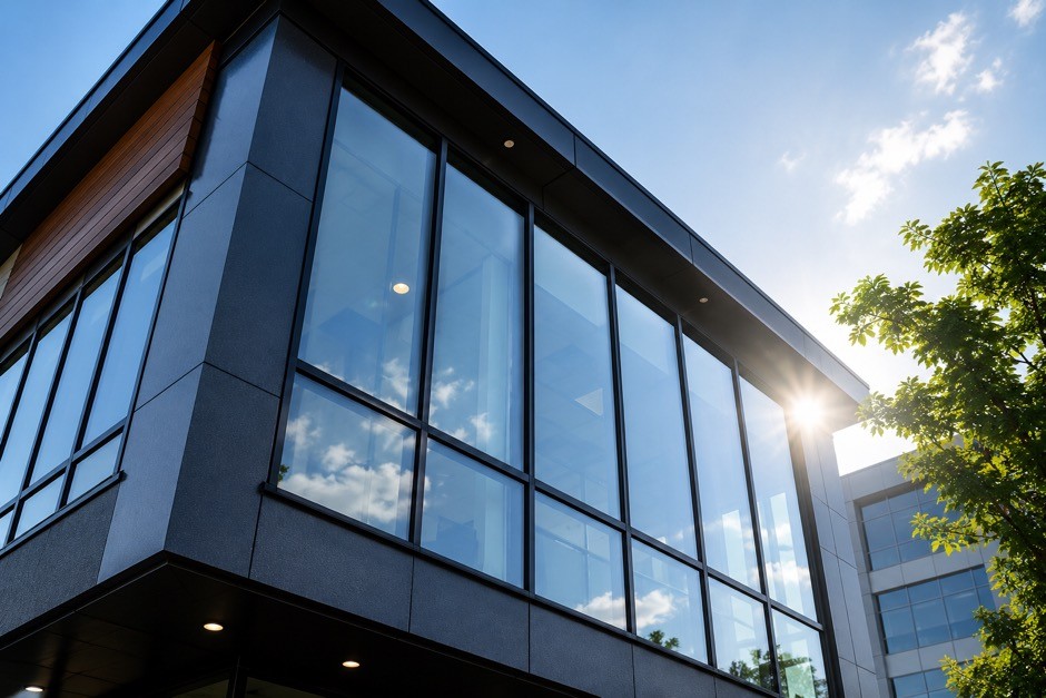 Modern commercial building with commercial protective window film on exterior windows.