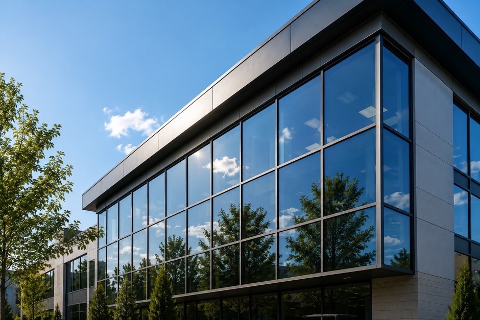 Commercial building with protective window film on large glass windows.